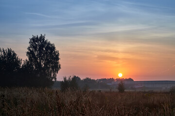 Golden sunlight with white clouds in summer sunrise bright dramatic sky over agricultural, grass field farm landscape in countryside.