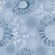 Flower Seamless Pattern With Abstract And Leaf Ornament In Baby Blue Color. Perfect For Paper, Textile, Fabric, Print, Decor Ornament, Cover, Etc