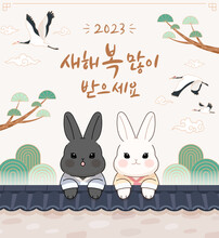 Banner Design Illustration Celebrating 2023 Year Of The Rabbit, Korean New Year. (Korean Translation: Happy New Year 2023.)
