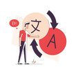 translator illustration concept, language guide, language translator app. male person illustration, chat bubble