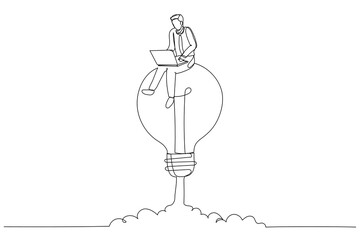 Wall Mural - Illustration of businessman working on a soaring light bulb rocket. Working with creativity. Single line art style