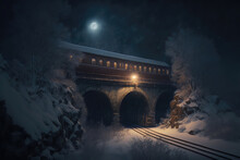 Dramatic Polar Express On A Dark Winter Night Under A Tunnel Bridge Generative AI