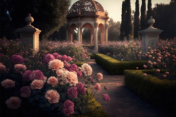 Poster -  a painting of a garden with a gazebo and flowers in the foreground and a path leading to a garden with a gazebo and a lot of flowers in the background. Generative AI