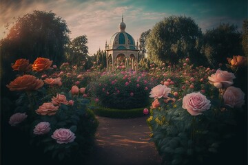 Poster -  a garden with a gazebo surrounded by flowers and trees at sunset or dawn with a path leading to it. Generative AI