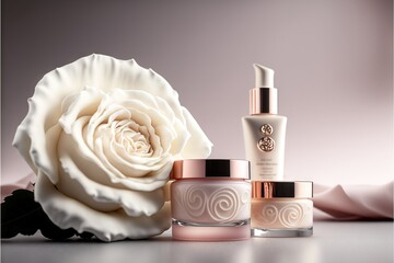 a white rose and three bottles of cream and a white rose on a table with a pink background and a whi