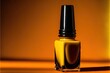  a bottle of yellow nail polish sitting on a table with a yellow background and a black topper on it. Generative AI