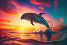  A Dolphin Jumping Out Of The Water At Sunset Or Sunrise Or Sunset. Generative Ai