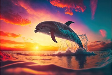  a dolphin jumping out of the water at sunset or sunrise or sunset. generative ai