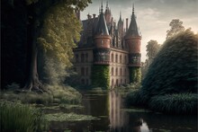  A Castle With A Pond In Front Of It And Trees Around It And A Cloudy Sky Above It And A Few Clouds In The Sky.