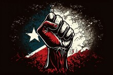  A Fist Up In Front Of A Flag Of Texas On A Black Background With A Grunge Effect.