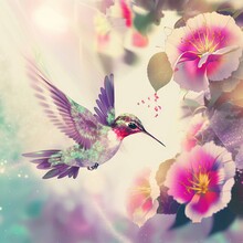  A Hummingbird Flying Over A Bunch Of Flowers With A Sky Background And A Pink Flower In The Foreground.
