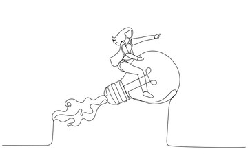 Wall Mural - Cartoon of businesswoman leader riding flying bright lightbulb lamp with rocket booster in the cloud sky. Creative new idea. Single line art style