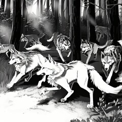 Poster -  a group of wolfs running through a forest in black and white. Generative AI