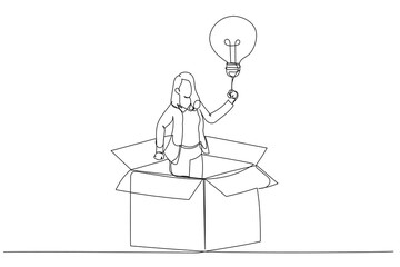 Drawing of businesswoman get out of paper box with new illumination lightbulb idea. Think outside the box. Single line art style