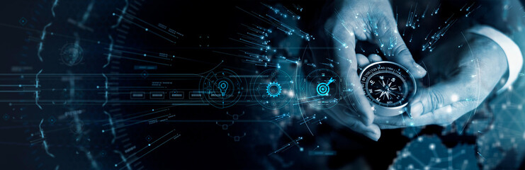 Leinwandbilder - Business navigate recovery, Technology, The compass navigate for businessmen to resume business growth in the economic crisis, Rethink, Reinvent and Recover. Business of future.