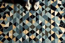 A Person Standing On A Tiled Floor With Their Feet On The Ground And Their Shoes On The Floor. Generative AI