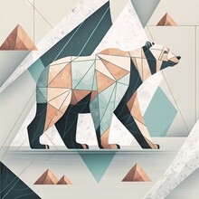  A Bear Is Standing On A Rock With Geometric Shapes Around It And A Mountain In The Background With A Sky.