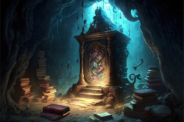 Poster -  a fantasy scene with a book tower and books in the foreground and a glowing door in the background. Generative AI