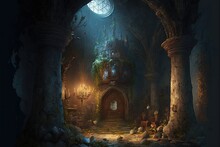  A Dark Fantasy Setting With A Clock And A Staircase Leading To A Tower With A Clock On It's Side.