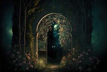  A Painting Of A Gate With Flowers And A Light At The End Of It And A Light At The End Of The Tunnel.