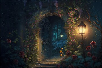 Poster -  a painting of a garden with a light and a gate at night with flowers and vines on the ground. Generative AI