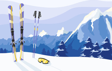 Ski equipment banner with snowy Alps peaks landscape on background. Purple yellow colors of skis, ski poles and goggle mask at snow. Ski resort poster with top of mountains hills. Vector illustration