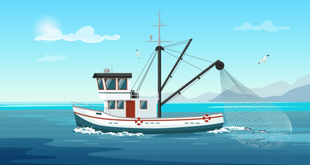 Commercial fishing ship with full fish net. Fishing boat with fisherman working in ocean catching by seine sea food: tuna, herring, sardine, salmon. Industry vessel in seascape. Vector illustration