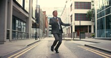 Businessman, Dancing And Funny City Worker Dance Of A Man Happy About Job Success Or Promotion. Party Dancer Energy, Working And Music Of A Crazy Accounting Employee Celebrate In Street With Freedom