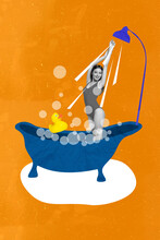 Vertical Collage Picture Of Cheerful Funky Charming Girl Black White Effect Take Shower Bathtub Rubber Duck Toy Isolated On Orange Background