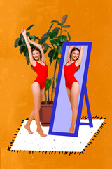 Wall Mural - Vertical collage image of pretty positive girl posing mirror wear red swimsuit big houseplant isolated on drawing orange background