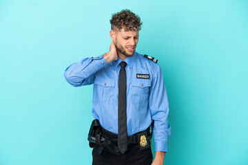 Wall Mural - Young police blonde man isolated white on blue background with neckache