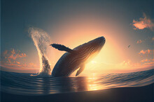 A Shot Of A Whale Diving Into The Ocean, With Water Splashing Around It And Sunlight Glinting Off Its Skin- Generative AI