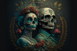 © Worldillustrator - Two Mexican Day of the Dead skulls or skeletons. Generative AI.