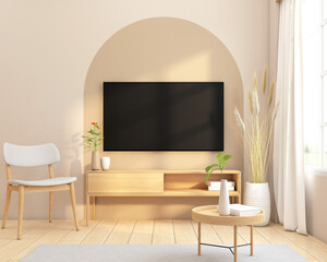 Wall Mural - Minimalist living room decorated with wood tv cabinet and armchair. 3d rendering