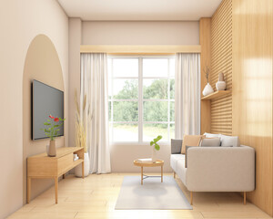 Wall Mural - Japandi style living room decorated with minimalist sofa and tv cabinet.3d rendering