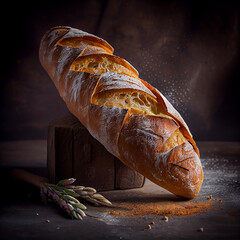 Hot fresh baguette, dark background, hot bread on the table