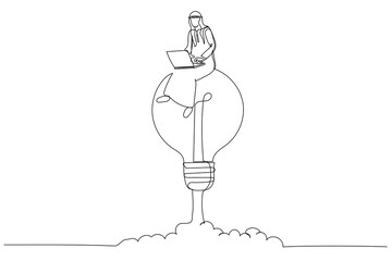 Wall Mural - Cartoon of arab businessman working on a soaring light bulb rocket. Working with creativity. One line art style