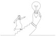 © rina - Illustration of arab businessman step on stair of big hand holding inspiring bright lightbulb. Inspiration idea. Single line art style