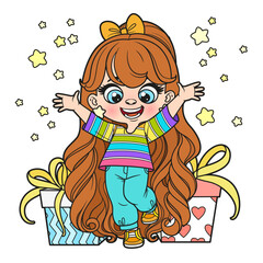 Poster - Cute cartoon long haired girl with gifts color variation for coloring page on a white background