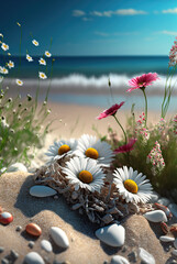 Aufkleber - Coastline sea, chamomile flowers on background of surf, flying butterflies. Landscape sea sand and flowers. 3d illustration