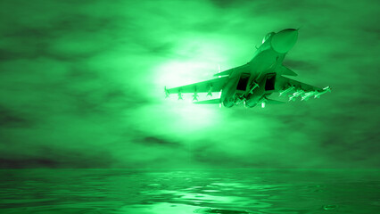 combat jet aircraft flying in the fog in green lighting