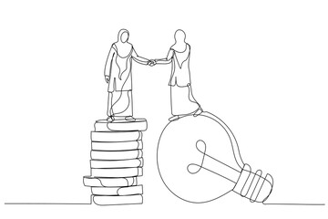 Wall Mural - Drawing of muslim businesswoman standing on lightbulb idea lamp shaking hands. Idea pitching. One continuous line art style