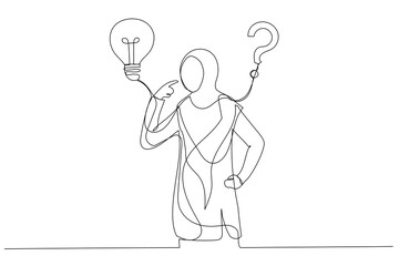 Wall Mural - Drawing of muslim businesswoman think of solution to solve problem with lightbulb and question mark. Solution to solve problem. Single line art style