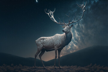 Fairytale background of a white stag standing on starry night with full moon background