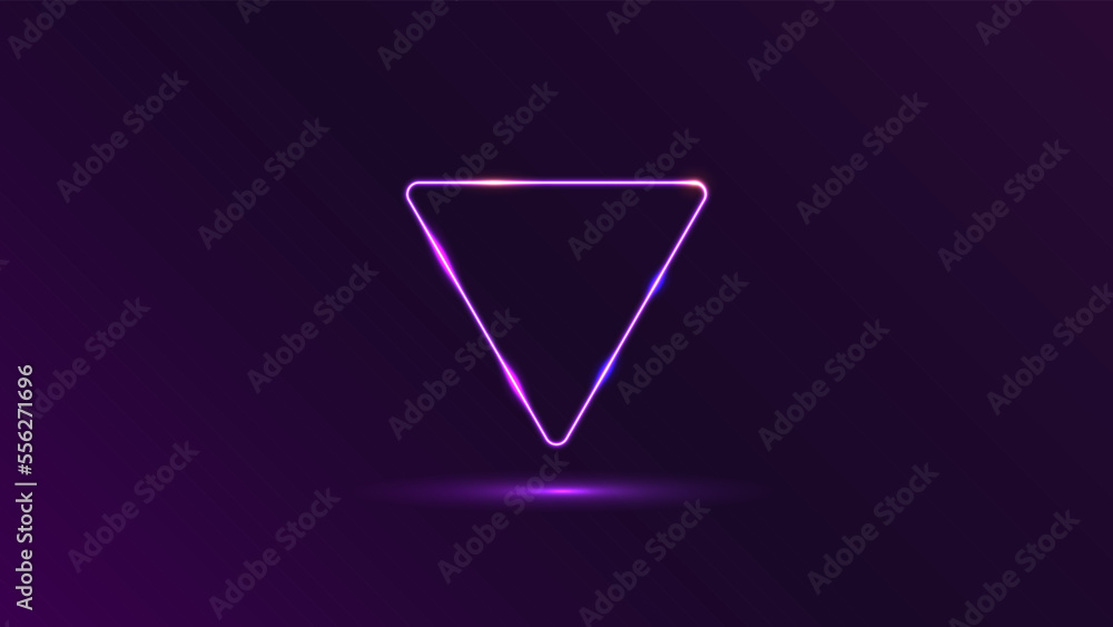 Neon rounded triangle frame with shining effects on dark background ...