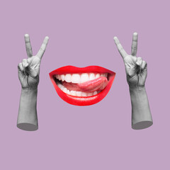 Two female hands showing a peace gesture and woman mouth with red lips showing tongue isolated on purple color background. 3d trendy collage in magazine style. 3d contemporary art. Modern design