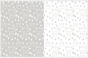 Wall Mural - Abstract Doodle Seamless Vector Patter with Hand Drawn Hearts, Stars and Crown on a Light Gray and White Background. Color Neutral Baby Shower Print ideal for Fabric, Wrapping Paper, Textile.