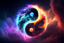 Illustration Of Cosmic Yin Yang Concept - Tao Symbol With Rainbow Glow. AI