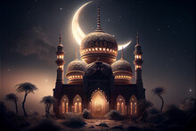 Illudtration Of Amazing Architecture Design Of Muslim Mosque Ramadan Concept. Ai