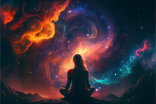 Illustration Of Woman In Lotus Position Meditating In Stars Space Milky Way Background.AI